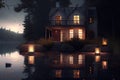 a tranquil lakeside view of a modern house with lighted windows and lanterns