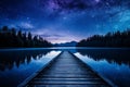 Tranquil lakeside vista at dusk wooden dock, starry night sky, full moon s gentle radiance Royalty Free Stock Photo