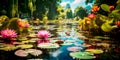 tranquil lakeside with water lilies floating on the surface, surrounded by lush foliage.