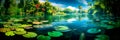 tranquil lakeside with water lilies floating on the surface, surrounded by lush foliage.