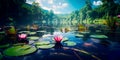 tranquil lakeside with water lilies floating on the surface, surrounded by lush foliage.