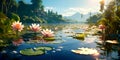 tranquil lakeside with water lilies floating on the surface, surrounded by lush foliage.