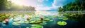 tranquil lakeside with water lilies floating on the surface, surrounded by lush foliage.