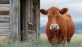 Tranquil Landscape Featuring a Red Devon Cow Grazing Gracefully Near an Old Rustic Barn at Dawn Royalty Free Stock Photo