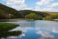 Tranquil landscape at a lake, with the vibrant sky, white clouds and the trees reflected symmetrically in the clean blue water Royalty Free Stock Photo