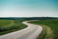 Tranquil landscape with winding road, green fields, clear sky, and distant forest Royalty Free Stock Photo