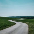 Tranquil landscape with winding road, green fields, clear sky, and distant forest Royalty Free Stock Photo