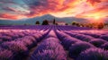 Tranquil lavender fields stretch to the horizon, their purple blooms perfuming the air under a setting sun