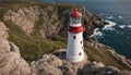 A tranquil lighthouse on a rocky coastal cliff overlooking the vast