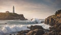 A tranquil lighthouse on a rocky coastal cliff overlooking the vast