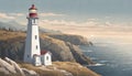 A tranquil lighthouse on a rocky coastal cliff overlooking the vast