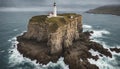 A tranquil lighthouse on a rocky coastal cliff overlooking the vast