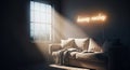 A tranquil living room with a comfortable sofa, moonlight streaming through a large window Royalty Free Stock Photo