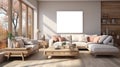 A tranquil living room with panoramic windows and soft natural light. AI Generated