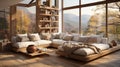 A tranquil living room with panoramic windows and soft natural light. AI Generated.