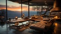 A tranquil living room with panoramic windows and soft natural light. AI Generated