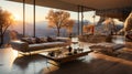 A tranquil living room with panoramic windows and soft natural light. Ai Generated.