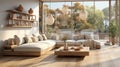 A tranquil living room with panoramic windows and soft natural light. Ai Generated.