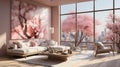 A tranquil living room with panoramic windows and soft natural light. AI Generated.