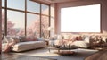 A tranquil living room with panoramic windows and soft natural light. AI Generated.