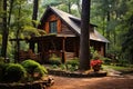 A tranquil log cabin tucked away in the woods, featuring a swing set for outdoor recreation and unwinding., A rustic log cabin