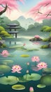 Tranquil Lotus Pond with Blossoms in Japanese Garden