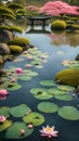 Tranquil Lotus Pond with Blossoms in Japanese Garden