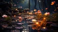A tranquil lotus pond, surrounded by the soft glow of Diwali lamps floating on its surface