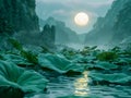 Tranquil Lotus Pond at Twilight with Full Moon Over Misty Mountains and Serene Water Reflection Royalty Free Stock Photo