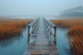 Tranquil Marshland Walkway Enveloped in Mist. Concept Nature Photography, Misty Landscapes, Serene