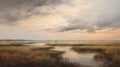 Tranquil Marshy Landscape Painting With Moving Cloud Royalty Free Stock Photo