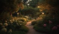 Tranquil meadow bench under pine tree architecture generated by AI