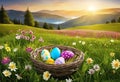 Tranquil Meadow with Blooming Flowers, Easter Egg, and Nature\'s Sunrise Majesty