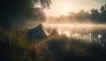 Tranquil meadow camping, foggy sunrise, peaceful solitude generated by AI