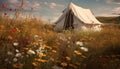 Tranquil meadow camping, wildflowers bloom in idyllic rural landscape generated by AI