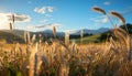 Tranquil meadow, golden wheat, sunset, rural landscape generated by AI Royalty Free Stock Photo