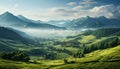 Tranquil meadow, green farm, mountain peak, sunset nature beauty generated by AI