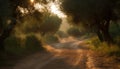 Tranquil meadow, green foliage, dirt road, back lit by sun generated by AI Royalty Free Stock Photo