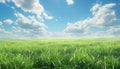 Tranquil meadow, green grass, blue sky, ripe wheat, peaceful nature