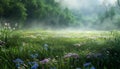 Tranquil meadow, green grass, wildflowers bloom, nature beauty unfolds