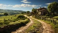 Tranquil meadow, green mountains, old farmhouse, autumn vineyard, sunset generated by AI Royalty Free Stock Photo