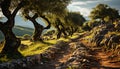 Tranquil meadow, green olive tree, sunlight on country road generated by AI Royalty Free Stock Photo