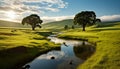 Tranquil meadow, green tree, sunset over water generated by AI