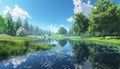 Tranquil meadow, green trees, blue sky, reflecting in pond