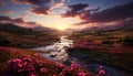 Tranquil meadow, purple flowers, sunset over mountains generated by AI