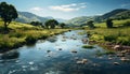 Tranquil meadow reflects mountain peak in flowing water, serene dusk generated by AI