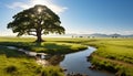 Tranquil meadow reflects sunset on calm water generated by AI