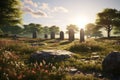 Tranquil Meadow with Remembrance Stones A Royalty Free Stock Photo