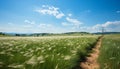 Tranquil meadow, rolling hills, wind turbines harness nature power generated by AI Royalty Free Stock Photo