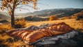 Tranquil meadow, vibrant sunset, autumn leaves, comfortable pillow, nature beauty generated by AI Royalty Free Stock Photo